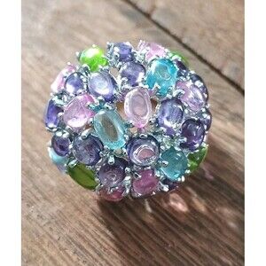 Joan Boyce Pink Green Purple Silver Tone Dome Cocktail Ring Size 8